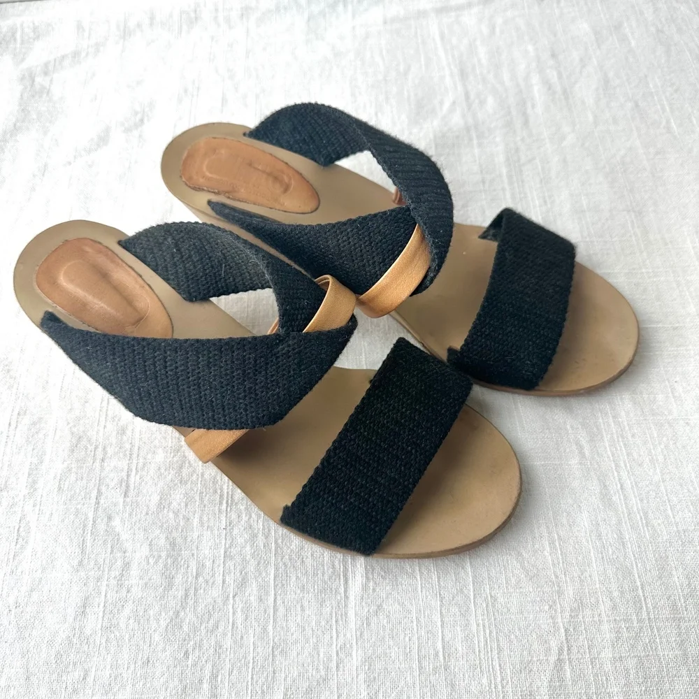MM6 Maison Margiela Wedge Sandals Black Fabric Strappy Slip‎ On Slides 37